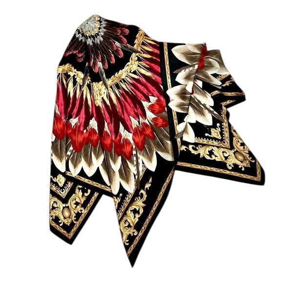 Echo Feather Pow Wow Silk Scarf Feather Pattern Red Taupe Black Gold Details - Picture 5 of 12